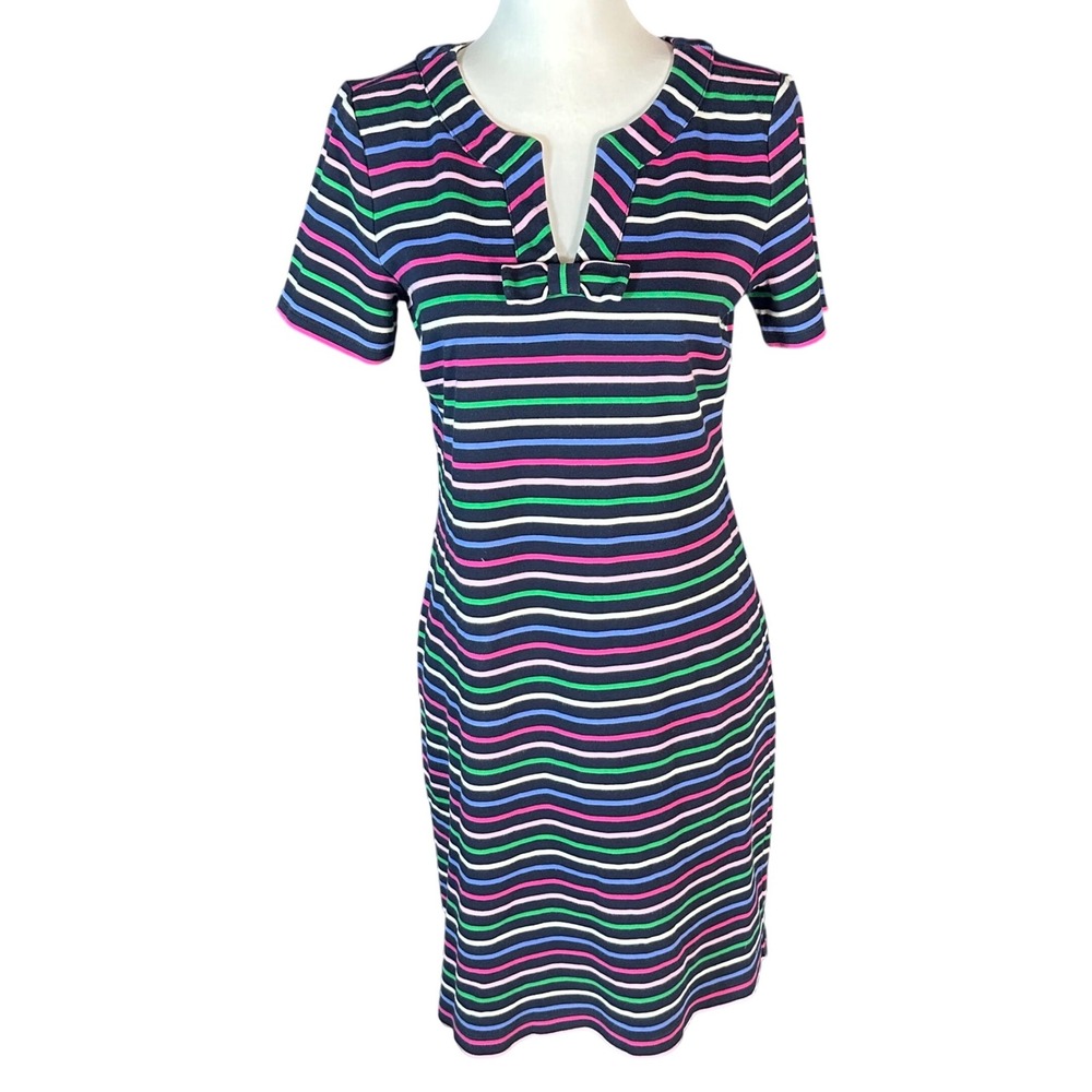 Talbots Shift Dress Women M Navy Multi Stripe Bow Accent Notched Neck